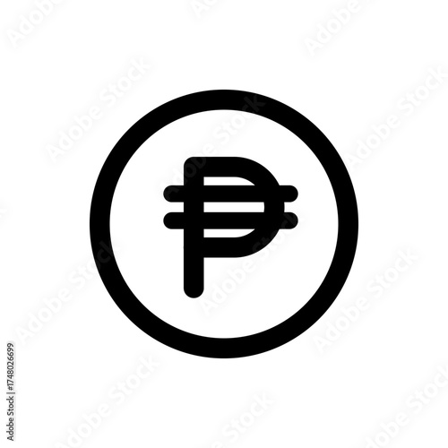 Illustration of philippine peso sign inside a bold black circle on a white background in simple vector style