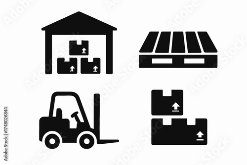 Warehouse icon set: storage, pallet, forklift, boxes for logistics
