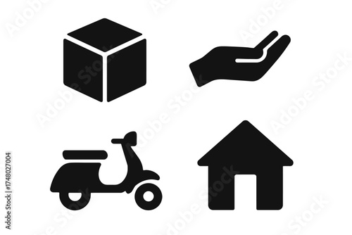 Minimalist icons: cube, hand, scooter, home symbols in black silhouette on white