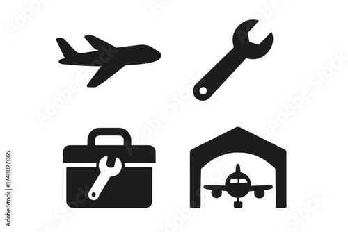 Black silhouette icons: airplane, wrench, toolbox, hangar on white background