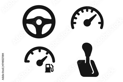 Car dashboard icons: steering wheel, speedometer, fuel gauge, gear shift