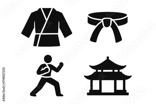 Martial arts icons: gi, black belt, karate pose, dojo silhouette
