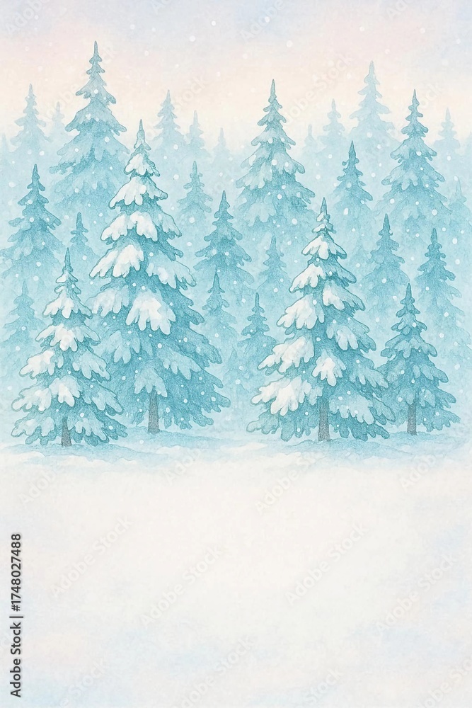 Fototapeta premium Winter wonderland scene with snow-covered pine trees in a serene, pastel landscape