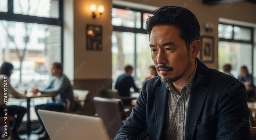Obraz premium East asian man with focused expression working on laptop in a modern cafe environment