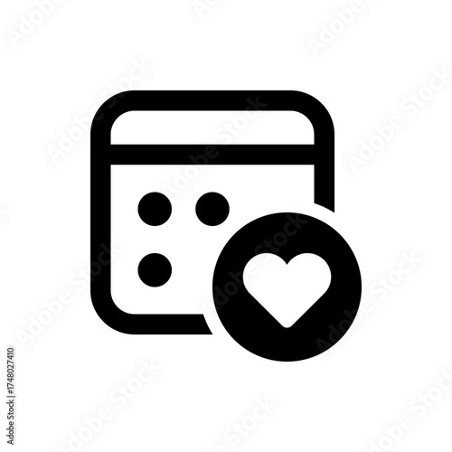 Black calendar icon with three dots and a heart in a circle overlaying the calendar on the right side