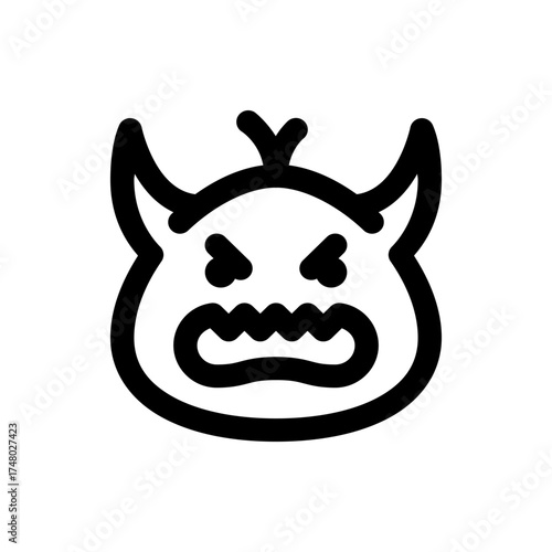 Illustration of an angry devil face with horns and sharp teeth in black outline on a white background