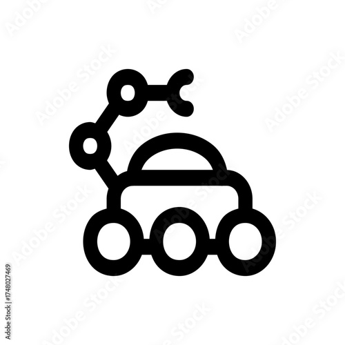 Illustration of a black rover with three wheels and a robotic arm on a white background in simple style