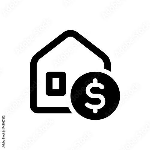 Black and white house icon with a window and a dollar sign coin placed to the right side of the house