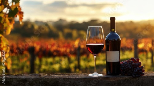 Wine bottle and glass in vineyard setting during sunset