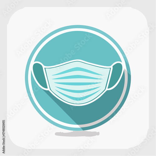 A flat design style icon of a blue surgical face mask inside a circle with a long shadow.