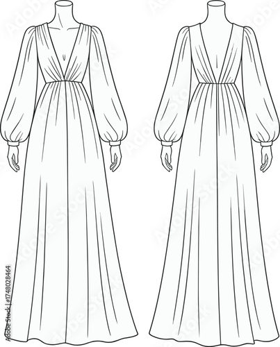 Deep V-neck long sleeve maxi dress cad drawing, front and back technical fashion sketch, elegant evening gown vector