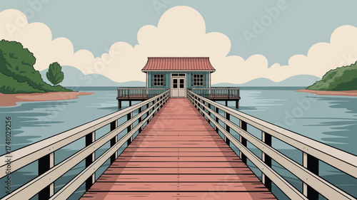 Illustration of a wooden pier leading to a small house on the water under a cloudy sky landscape