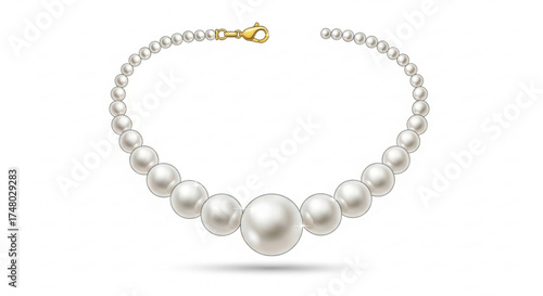 Elegant pearl necklace with a gold clasp, , perfect for jewelry designs, fashion accessories, or bridal themes