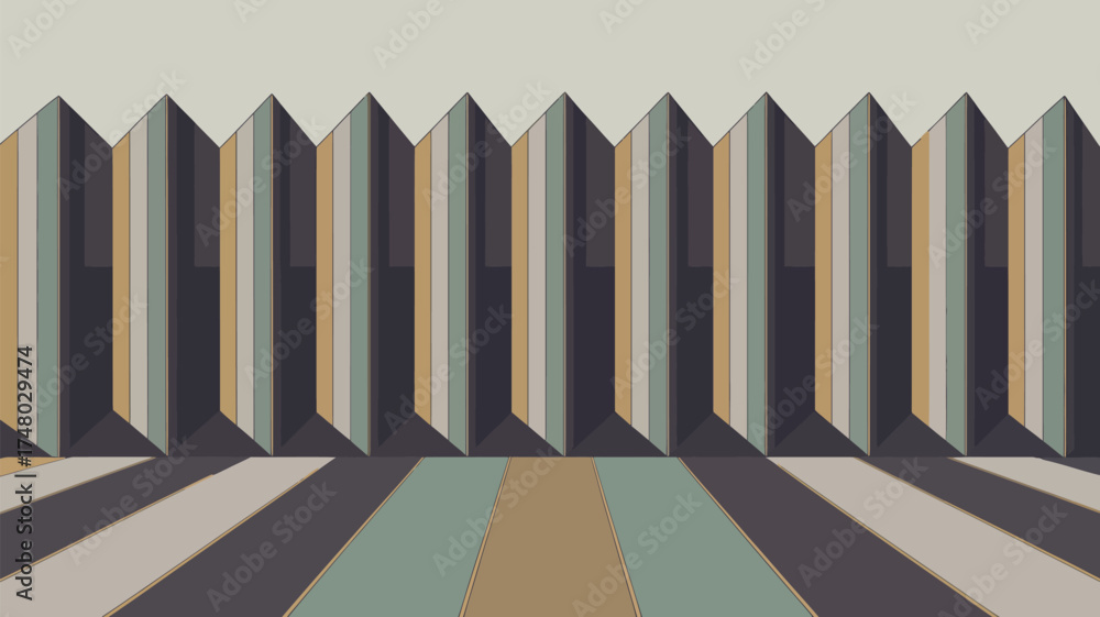 Obraz premium A geometric pattern with vertical stripes and triangular peaks in muted earth tone colors on a flat surface