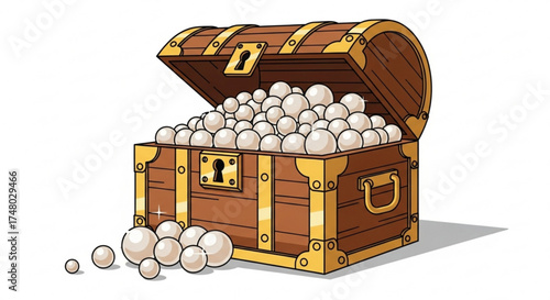 Illustration of a treasure chest overflowing with pearls, the chest is made of wood and has metal accents, with pearls spilling out