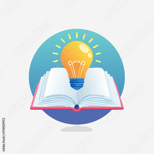 An open book with a glowing light bulb symbolizing knowledge and new ideas emerging from learning.