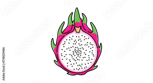 Illustration of a dragon fruit cut in half, revealing its white flesh and black seeds, the fruit has a pink rind with green scales