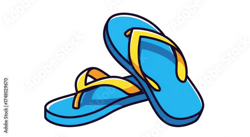 A pair of blue flipflops with yellow straps sits on a, evoking a sense of summer relaxation and casual style