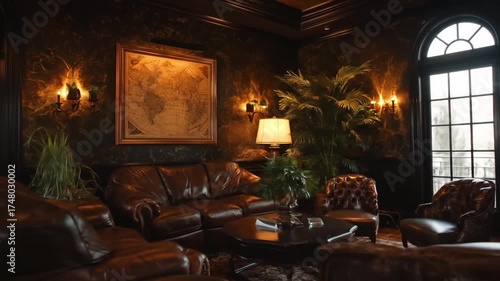 Elegant interior scene featuring leather furniture and classic decor