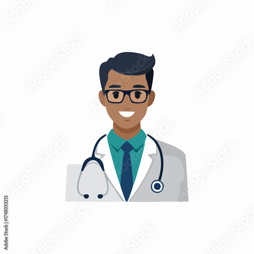 Smiling male doctor with dark skin and glasses wearing a lab coat and stethoscope, professional medical illustration.