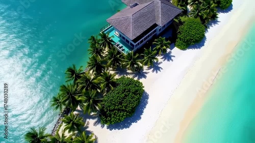 Aerial view of a luxury villa on a tropical island, surrounded by palm trees, sand, and turquoise water