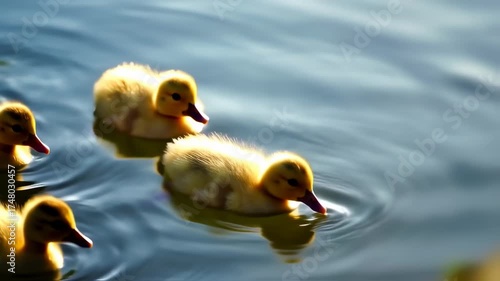 Playful, yellow ducklings swim across a tranquil pond. Sunlight gleams on the water
