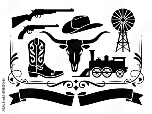 Wild West theme design elements with cowboy essentials, longhorn skull, windmill, and vintage steam engine silhouettes