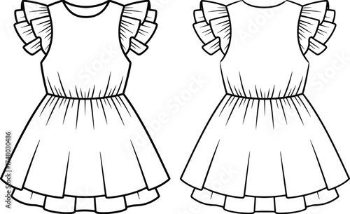 Cute girls ruffle sleeve dress flat sketch, fashion cad drawing with front and back view, perfect for children’s apparel design.