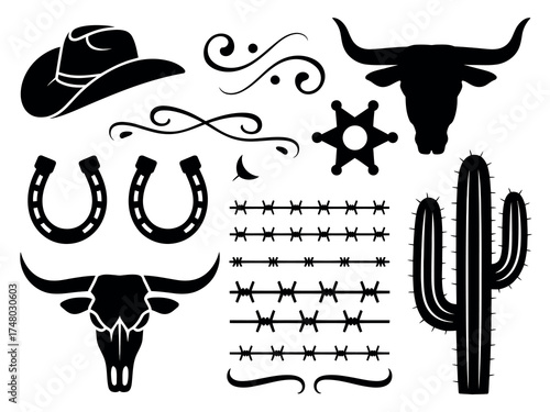 A versatile set of classic Western and cowboy themed black silhouettes, featuring iconic elements such as hats, horseshoes, longhorns, and cacti for rustic design