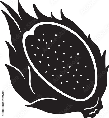 Black and White Dragon Fruit Silhouette Vector Illustration Exotic Tropical Pitaya Logo Design Minimalist Fruit Icon Healthy Food Concept Botanical Line Art Symbol for Branding and Decoration
