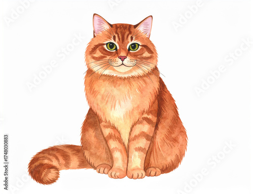 Orange cat with green eyes isolated on white background. Watercolor illustration