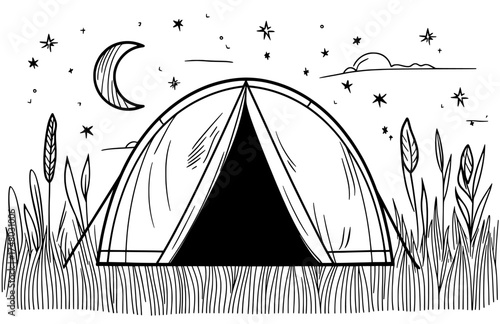 Under a starry night sky, a tent's silhouette appears with a crescent moon shining down and plants all around