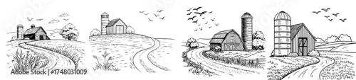 A rural landscape features the silhouette of a barn accompanied by a silo and birds