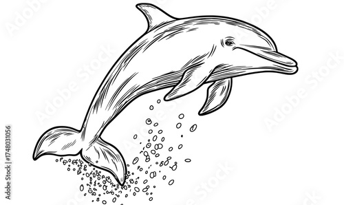 A black and white silhouette of a leaping dolphin emphasizes the animal's fluid motion and elegant posture as it jumps through the air