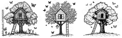 The image depicts a treehouse in silhouette, featuring a ladder and set amidst a backdrop of foliage and butterflies in black and white
