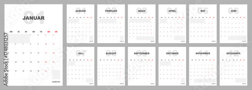 Germany 2026 calendar set of template monthly vertical pages. Minimalist planner week start on Monday. Germany Kalender Jahresplaner