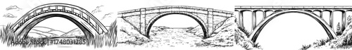 Illustration of a bridge's arched silhouette spanning a river, set against a distant city skyline in monochrome