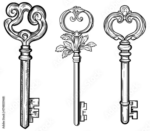 An ornate vintage key shape for incorporation into various design and decorative tasks