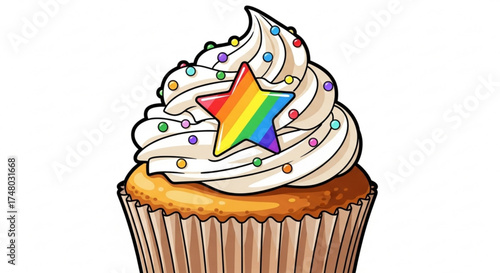 A delightful cupcake with white frosting and a rainbow star, , perfect for celebrations, parties, or sweet treats