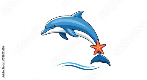 A charming blue dolphin leaps joyfully from the water, a vibrant starfish playfully adorning its tail, , creating a whimsical scene