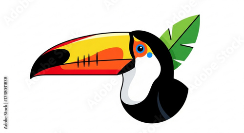 Illustration of a toucan with a large, colorful beak, perched beside a green leaf, the toucans plumage is vibrant and eyecatching