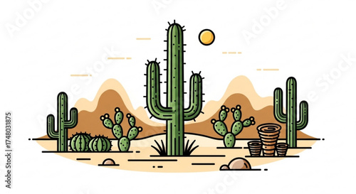 A desert landscape featuring towering saguaro cacti, prickly pear, and distant mountains under a bright sun, , capturing the arid beauty