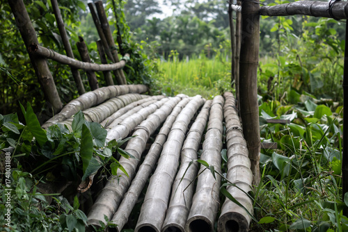 Rustic bamboo bridge pathway winding through lush green tropical foliage, offering a serene escape into nature and adventure.