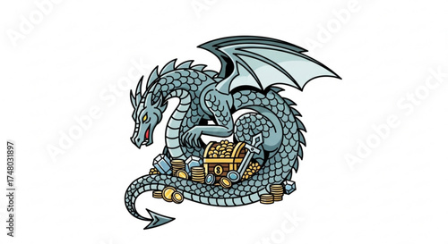 Illustration of a silver dragon guarding a treasure chest filled with gold coins and jewels, fantasy creature with wings and scales