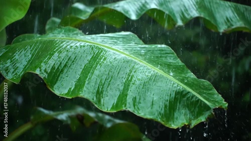 Tropical Rain Shower on Lush Green Banana Leaves with Water Droplets Falling.