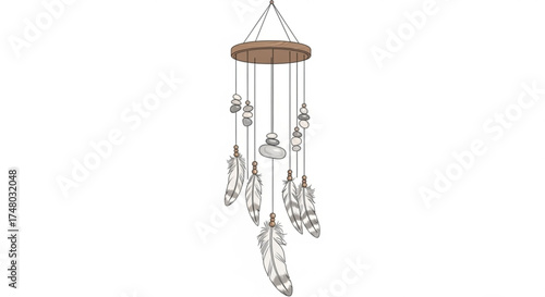 Dreamcatcher with feathers and beads hanging from a wooden hoop, a beautiful and spiritual decoration for any room