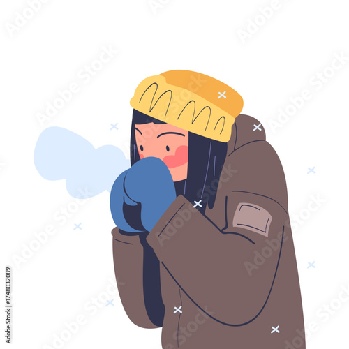Freezing Woman Character Wearing Warm Clothes Trembling Feeling Cold Vector Illustration