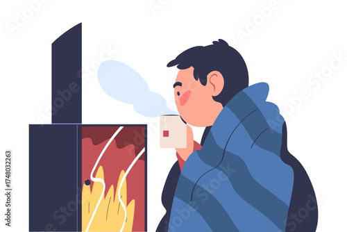 Freezing Man Character Drink Hot Tea at Fireplace Wearing Warm Clothes Vector Illustration