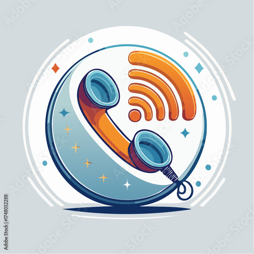 A vibrant illustration of a retro telephone receiver with wireless signal waves, inside a circular design.