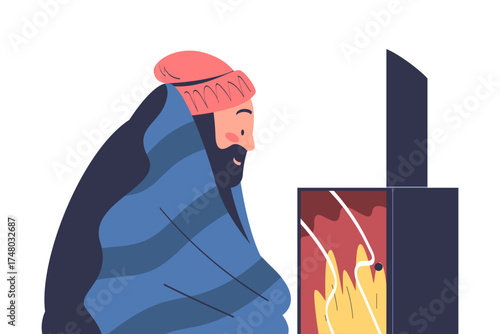 Freezing Man Character Wearing Warm Clothes Sit at Fireplace Trembling Feeling Cold Vector Illustration